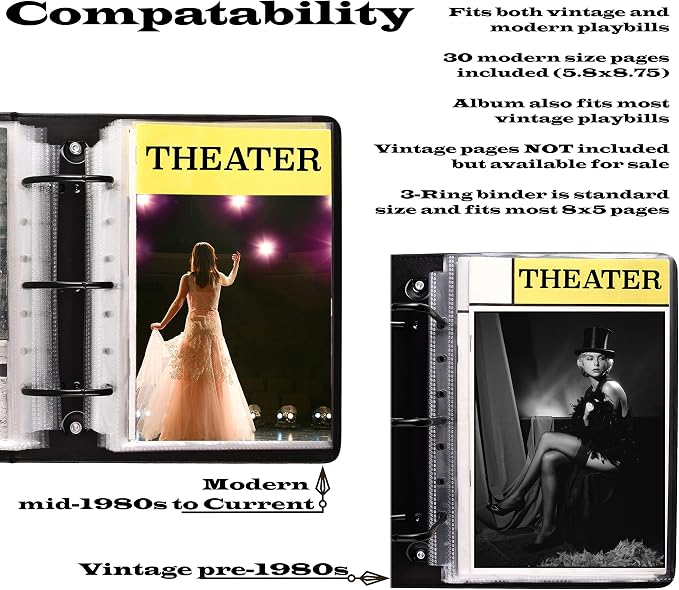 2Fold Binder for Holding Broadway Play Program and Theater Programs with 30 Custom Sheet Protectors - PU Leather - Fits Programs from Mid 1980s to Modern (Black EmbossedP)