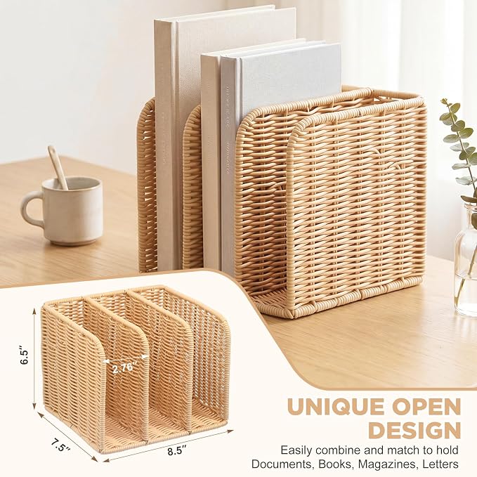 Novabright Synthetic Rattan File Magazine Holder Desk Organizer, 3 Vertical Compartments Workspace Sorters for Magazines, Binders, Notebooks, Envelopes