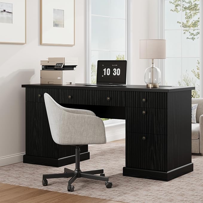 Garvee 60" Office Desk with Storage & Drawers for Home Office, Black | Fluted Wood Executive Desk with File Drawers & Charging Station, Modern Computer Desk with Adjustable Shelves