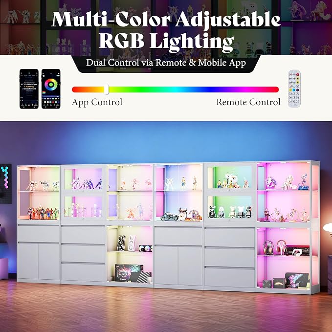 AMERLIFE RGB Display Cabinet, 32 x 16 x 36 Inch | 2-Tier Storage Case with LED Lights and 2 Glass Flip-Up Doors, White