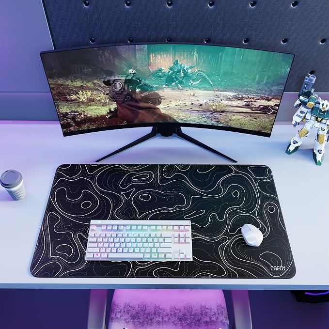 Cacoy 36" x 20" Black Topographic Gaming Mouse Pad Large Computer Mouse Mat | Extended Contour Line Keyboard Mouse Mat XXL Stitched Edges Desk Mat for Office Home Non-Slip Rubber Base Full Desk Mousepad