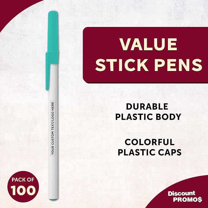DISCOUNT PROMOS Custom Value Stick Pens Set of 100, Personalized Bulk Pack - Black Ink, Great for Office, School, Business, Tradeshows, Events - Teal