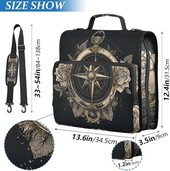 ALAZA Roses and Nautical Compasses Zipper Binder 1.5 inch 3 Ring Binder Organizer with Shoulder Strap and Handle for Home Office Work