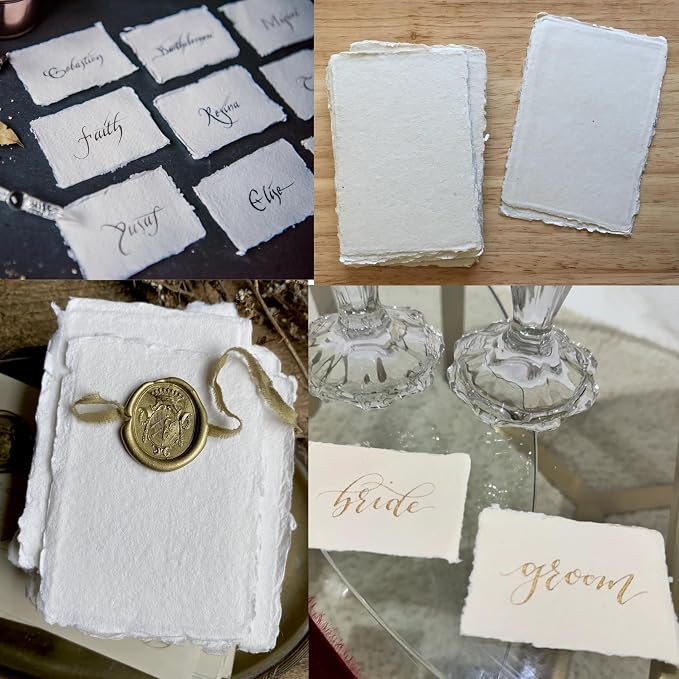 Handmade Cotton Paper with Deckle Edge Recycled Cotton Rag Mixed Media Stock for Place, Escort, Vow, and Business Cards (150gsm, 2x3 inch A8, 50 Pack)