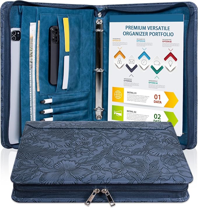 Dark Blue Embossed Vegan Leather Portfolio for Women, 3 Ring Portfolio Binder with Zipper, A4 Planner Binder with Laptop Pocket, Padfolio Legal Size,WorkBinder Organizer for Women