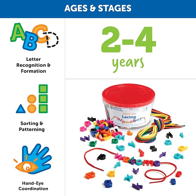 Learning Resources Lowercase Lacing Letters - 275 Pieces, Ages 3+ Toddler Alphabet Learning Toys, Preschool Games, Homeschool Supplies, Fine Motor Skills Toys, Alphabet Beads, Early Spelling