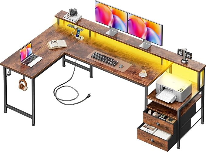 Korfile 66" L Shaped Computer Desk,Power Outlets,LED,Drawers,Rustic Brown | 66 inch L shaped Computer Gaming Desk with Power Outlets,Reversible Corner Design with Drawers,LED Lights,Office Gaming Work