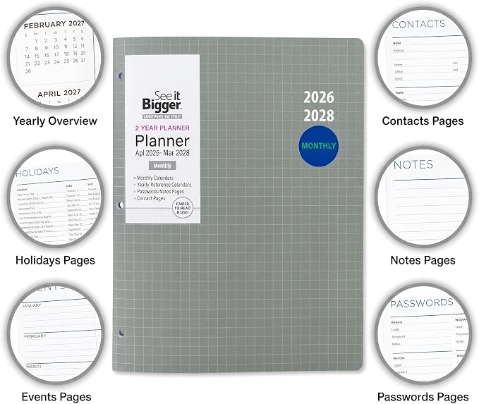 SEE IT BIGGER Home/Office 2-Year Medium Monthly Planner, April 2026 – March 2028, 11.5 x 8 Inches and SUHEYLA Twin Pen (Multi Color)