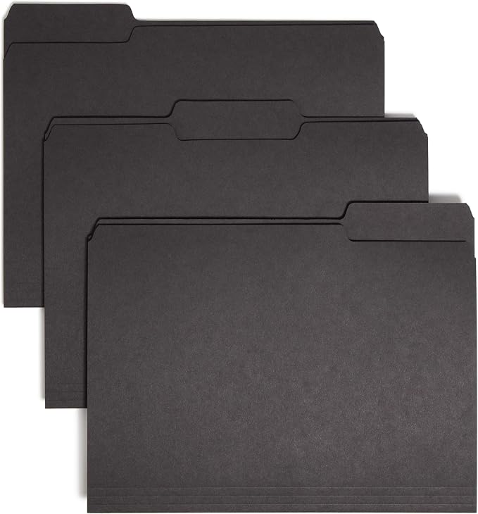 Smead Interior File Folder, 1/3-Cut Tab, Letter Size, Black, 100 per Box, Expandable File Folders for Filing Cabinet