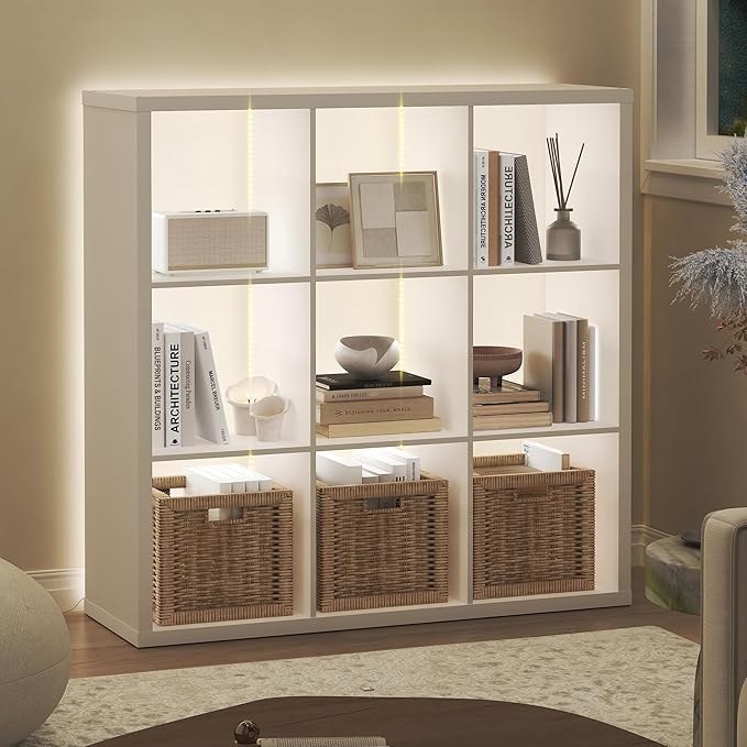 Furinno Cubicle Book Shelf with LED Lights, 9-Cube Bookshelf, Reversible Extra Thick Frame Bookcase, Display Storage Shelves, for Living Room, Bedroom, Home Office, White