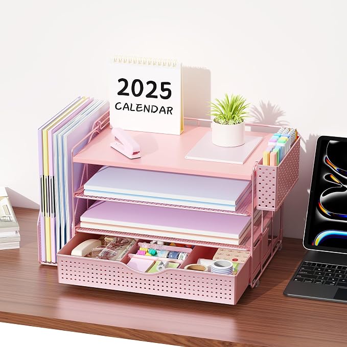 gianotter Wood Desk Organizers and Accessories with File Holder, 4-Tier Desk Accessories & Workspace Organizers with Drawer and Pen Holder, Desk Reference Organizer (Pink, 4T with Drawer)