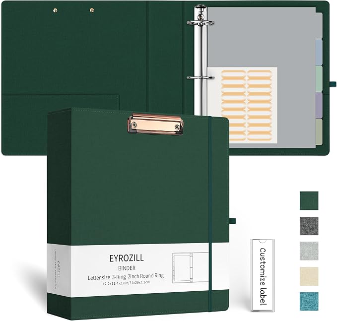 EYROZILL 3 Ring Binder 2 Inch, Binder for Letter Size (11" x 8.5") with 5 Tab Dividers, File Folder Labels and Low Profile Clipboards, Blackish Green