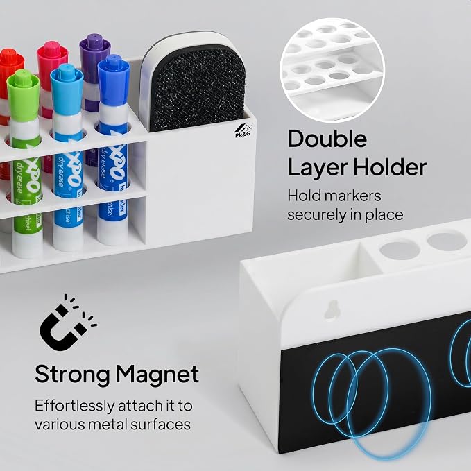 Strong magnetic dry-erase whiteboard holder, 8-slot acrylic pen organizer with glass and wall mounting hardware for refrigerator, office, and classroom. Markers, Eraser, Cleaner Not Included (White)