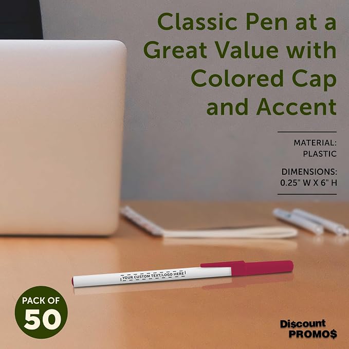 DISCOUNT PROMOS Custom Value Stick Pens Set of 50, Personalized Bulk Pack - Blue Ink, Great for Office, School, Business, Tradeshows, Events - Burgundy Cap
