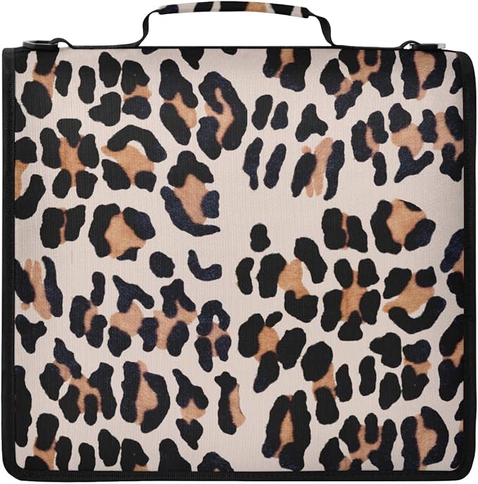 Leopard Print Zipper Binder File Organizer Bag 3 D-Ring | with Shoulder Strap, Holds 500 Sheets & 14in Laptop, 3 Ring Binder for Office Supplies