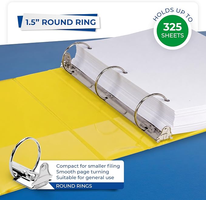 Samsill 1.5 Inch 3 Ring Binders, Economy Round Ring, Clear View Cover, 325 Sheet Capacity - for School, Home, Office - Yellow, 12 Pack