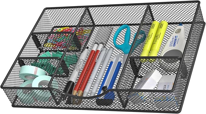 VyGrow Desk Drawer Organizer Tray, Metal Mesh Drawer Organizers Office, 6 Adjustable Compartment, Desk Organizer Tray for Home Office 12 x 8.26 x 1.96 inch, Black, 1 Pack