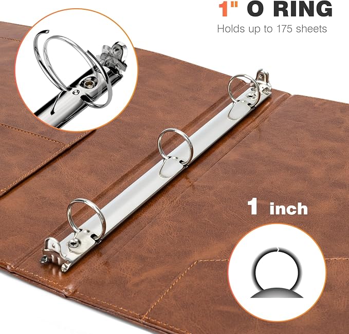 Eyrozill Professional Leather Portfolio with Clipboard, Zipper Pouch, 5 Sheets Plastic Dividers，Leather 3 Ring Binder 8.5 x 11, 1-inch Round Rings, Brown