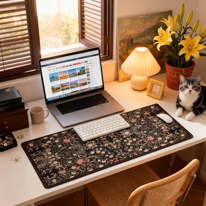 Floral Aesthetic Wildflower Gaming Mouse Pad, Black Rug Desk Mat with Anti-Slip Base & Stitched Edges,35.4" x 15.7" in Desk Accessories for Women, Home Office Decor & Artistic Gift
