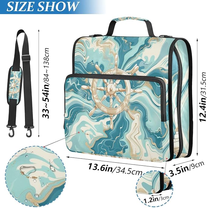 ALAZA Compass on Marble Background Zipper Binder 1.5 inch 3 Ring Binder Organizer with Shoulder Strap and Handle for Home Office Work