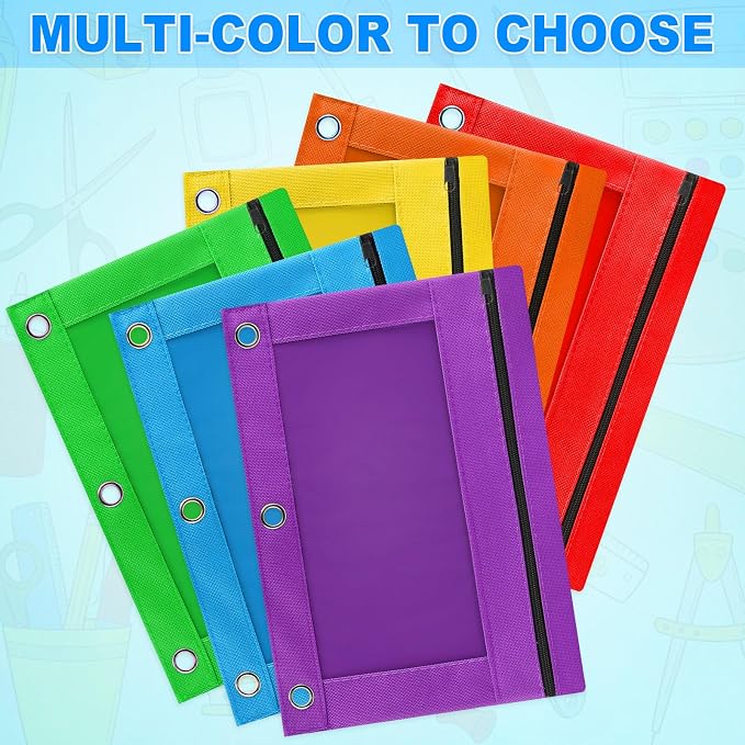 Pencil Pouch for 3 Ring Binder, 36 Pack 3-Holes Zipper Pencil Pouches in Assorted Colors, Durable Binder Pencil Case Bag for Office School College Supplies (36P-6c-2601)