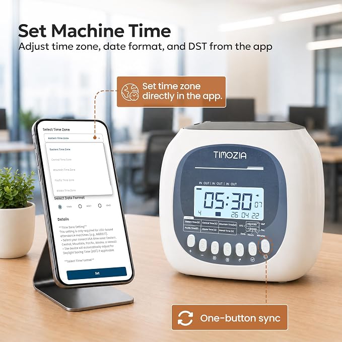 Time Clock for Employees Small Business, 6 U.S. Time Zones, Automatic Daylight Saving & Auto Time Update, Punch Card Time Recorder with 6 Punches Per Day-100 Time Cards and 2 Ribbons