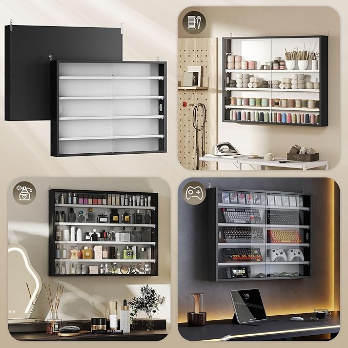 HOMCOM 5-Tier Wall Mounted Display Cabinet Glass Doors 60x80cm Black/White | Display Case, 4 Adjustable Shelves, for Home Office Ornaments