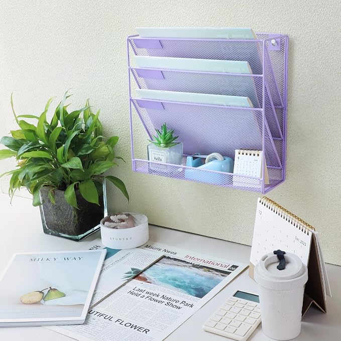 3 Pockets Mesh Wall File Holder Organizer with Bottom Flat Tray, Office Hanging File Folder Magazine Rack, Nametag Label Hooks Set Included, Purple