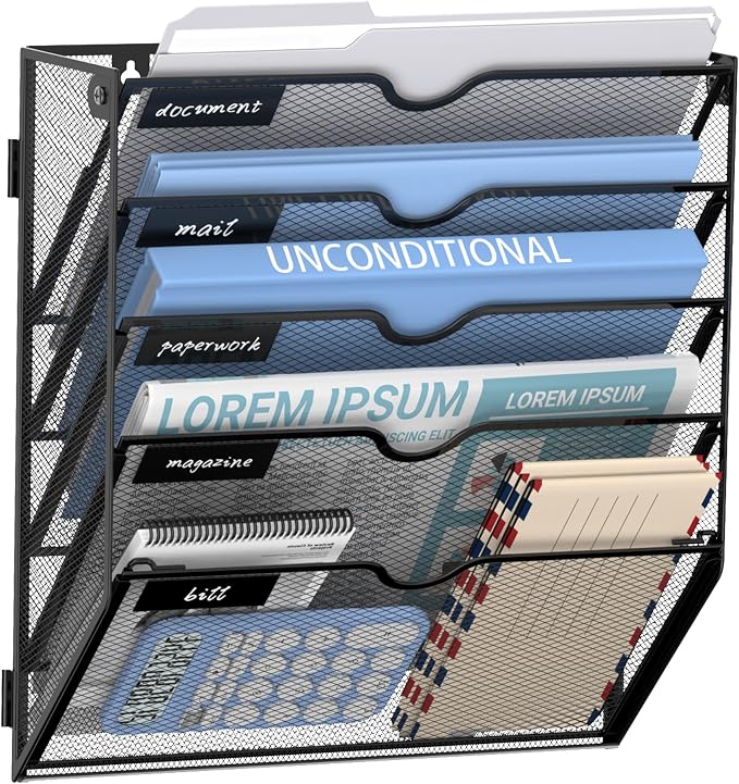 5-Tier Wall File Organizer and Hanging File Organizer, Black | Wall Organizer and Wall Mounted File Holder with 5 Pockets and Label Panels for Files, Mail, Folders, Magazines and Paper