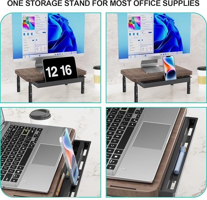 WALI Plastic Computer Monitor Stand with Storage, Adjustable Laptop Riser | Laptop Riser with Airflow Vents, Desk Organizer for Computer, Printer, Notebook (PTT002-C), 1 Pack, Brown