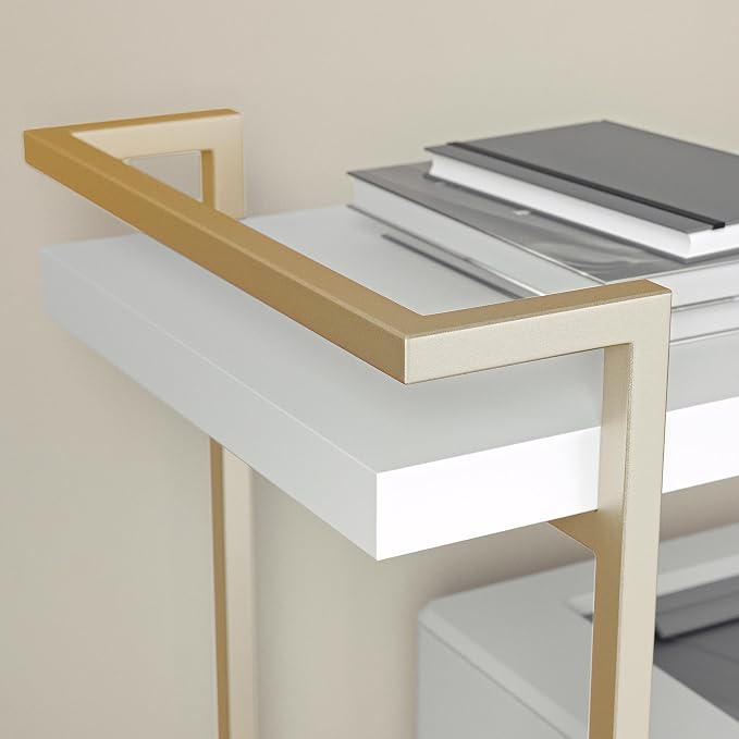 Martha Stewart Liam 2-Tier Mobile Office Storage and Printer Cart, White | Polished Brass Frame