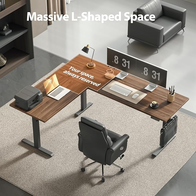 Agilestic 73 x 61 Inch L Shaped Electric Standing Desk, Dark Walnut | Tripple Motor, Corner Desk, Ample Workspace, Memory Presets, Hooks, Stable Steel Frame, 265 lbs, Splice Board