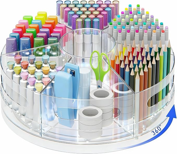 CraftGenes Rotating Organizer, Clear Acrylic Pen Holder and Pen Organizer for Desk, Art Supply Organizer and Marker Organizer, 7 Removable Compartments for Office Supplies, Classroom, Craft Room
