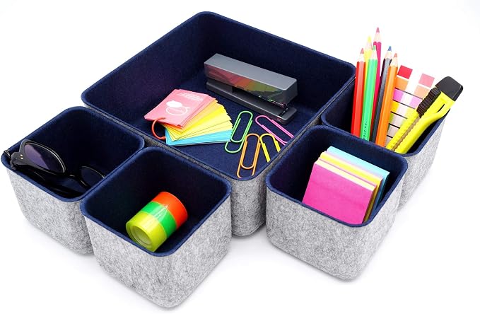 Desk Drawer Organizers Storage bins Set Home Office Pen holder pencil phone stand Remote controler Closet Cabinet boxes Organizing 5-piece gifts ideas (Navy)