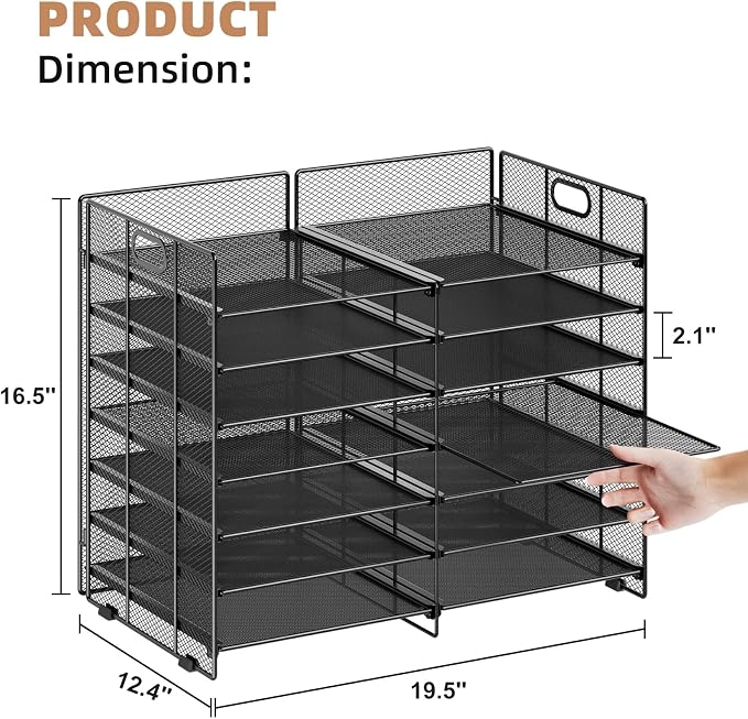 Marbrasse 12 Slots Desktop Literature Organizer, 7-Tier Mesh Paper Organizer for Desk, Adjustable Mail File Sorter Tray with Handle, Desktop Classroom Mailbox Cabinet for Office Home School, Black