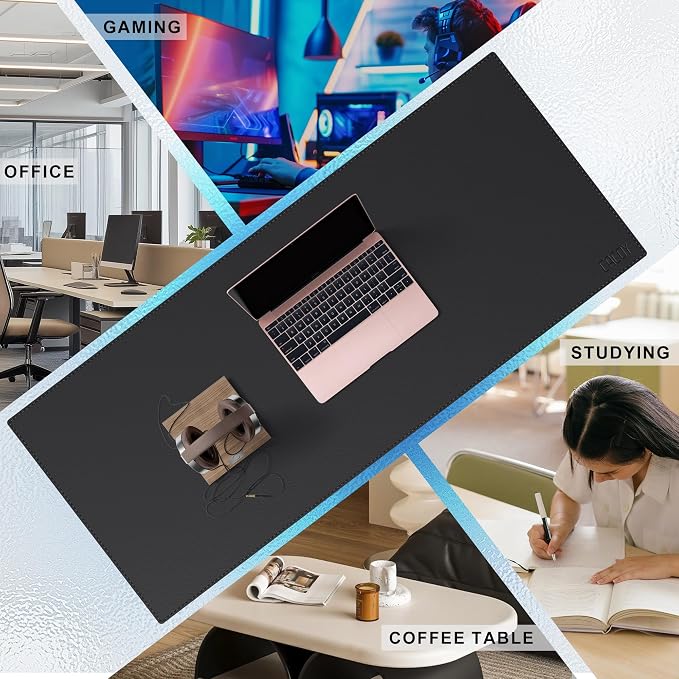 Cacoy 48"x20" Leather Desk Pad Blotter, Waterproof Desk Mat Protector,Black | PU Leather Desk matt for Desktop, XXL Large Gaming Computer Mousepad, Office Desk Cover, Non-Slip Writing Mat for Office Home