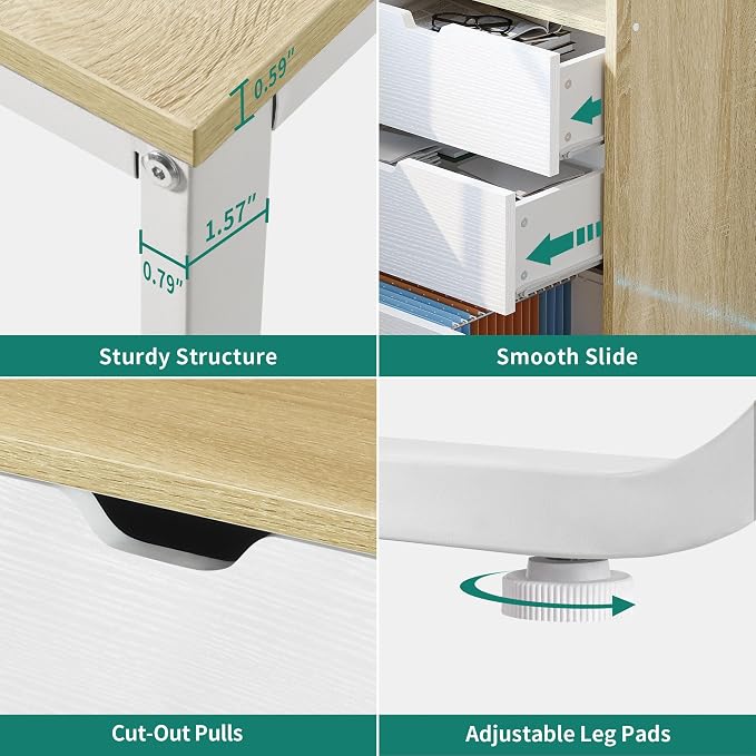 YITAHOME 55" L Shaped Corner Computer Desk with Drawers & Power, White Oak | Corner Desk with Drawers, Bookshelf, L Shaped Desk with Power Outlets, LED Lights, File Cabinet, for Home Office