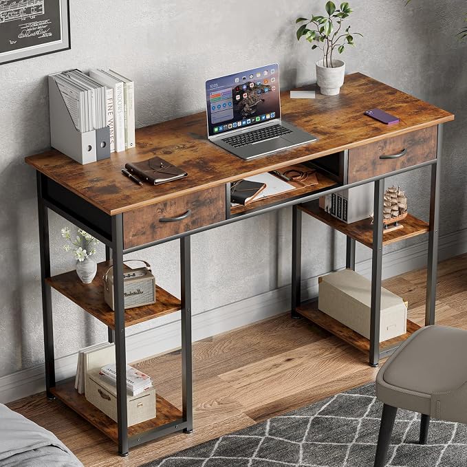 DUMOS 48-Inch Computer Desk with Drawers and Hook, Brown | Home Office Desk for Bedroom, Gaming Writing Study Desk with Adjustable Feet