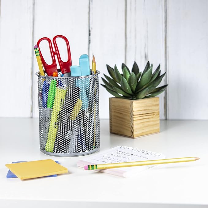 YBM HOME Office Round Desk Steel Mesh Pencil Cup Pen Holder Silver, 2210-6 Pack of 6