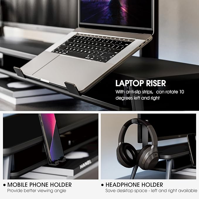 Fenge 42.5-Inch Monitor Stand Riser with Laptop, Phone & Headphone Holders | 10° Adjustable Laptop Holder, 2-Tier Storage, Dual Monitor or Monitor-Laptop Setup, Ideal for Multitasking, Gaming, Streaming