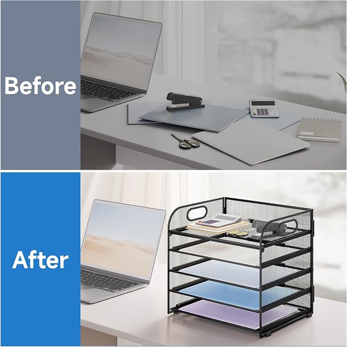 Paper Organizer Letter Tray with Handle Mesh 5 Trays-Black 2 Pack | Desk File Organizer Paper Sorter Desk Organizer for Office, Home or School