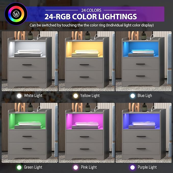 dnbss RGB Nightstand with Charging Station, Smart Bedside Table, Grey | LED Night Stand, 2 Drawers, 1 Compartment, Human Body Sensor, Modern End Side Table for Bedroom Living Room Office Storage
