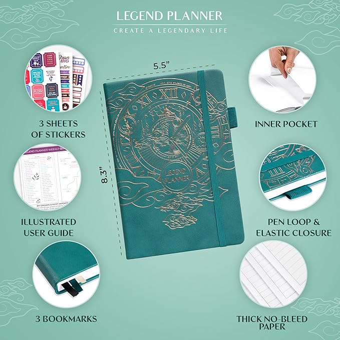 Legend Planner – Weekly & Monthly Life Planner to Hit Your Goals & Live Happier. Organizer Notebook & Productivity Journal. A5 (Viridian Green)