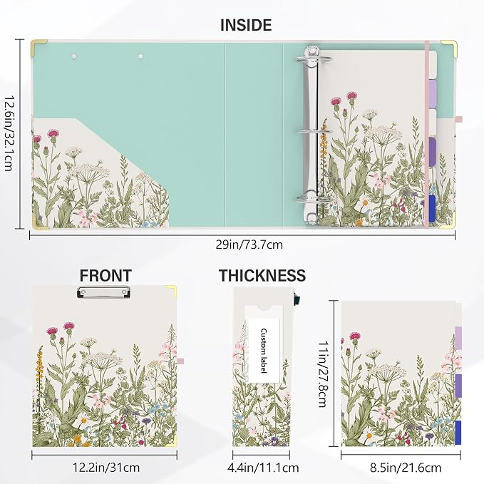 3 Ring Binder 3 Inch Round Ring Binder with 6 Tab Dividers，2 Interior Pockets，Cute Binder Clipboard with Storage, for School Office, Portfolio Organizer with Labels(Garden Flowers)