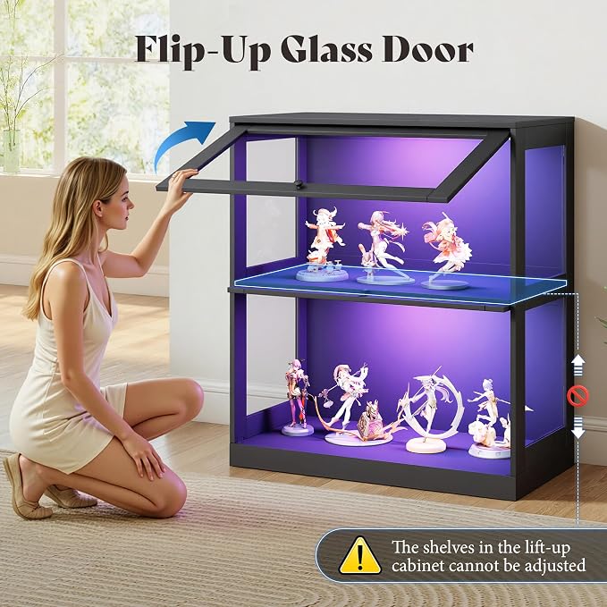 AMERLIFE RGB Display Cabinet, 32 x 16 x 36 Inch | 2-Tier Storage Case with LED Lights and 2 Glass Flip-Up Doors, Black