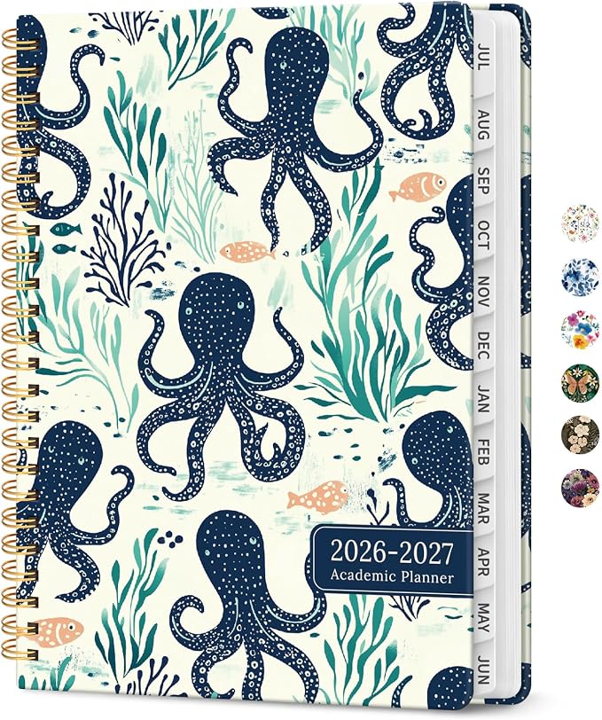 Taja Planner 2026-2027, Jul 2026-Jun 2027 Monthly & Weekly Calendar Planner | 6.3" x 8.5", Hardcover Academic Calendar, Teacher Student Agenda Book with Tabs, School Office Supplies, Octopus Drift