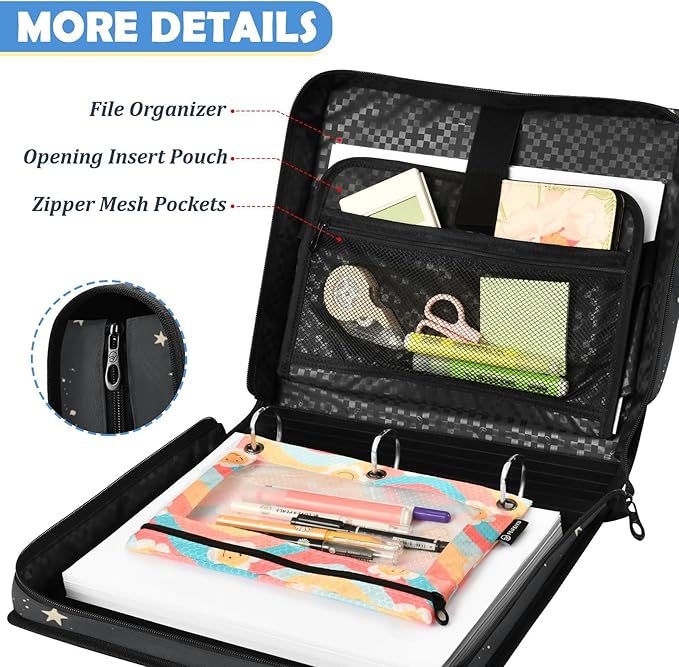 Tarot Sun Moon Goth Zipper Binder File Organizer Bag 3 D-Ring | with Shoulder Strap, Holds 500 Sheets & 14in Laptop, 3 Ring Binder for Office Supplies