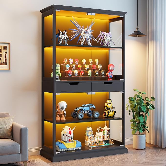 Jocoevol Display Cabinet with Glass Doors, 4-Tier Curio Cabinet with with 2 Drawers for Collectibles, Modern Glass Display Case Human Body Sensor & RGB Lights for Living/Game Room