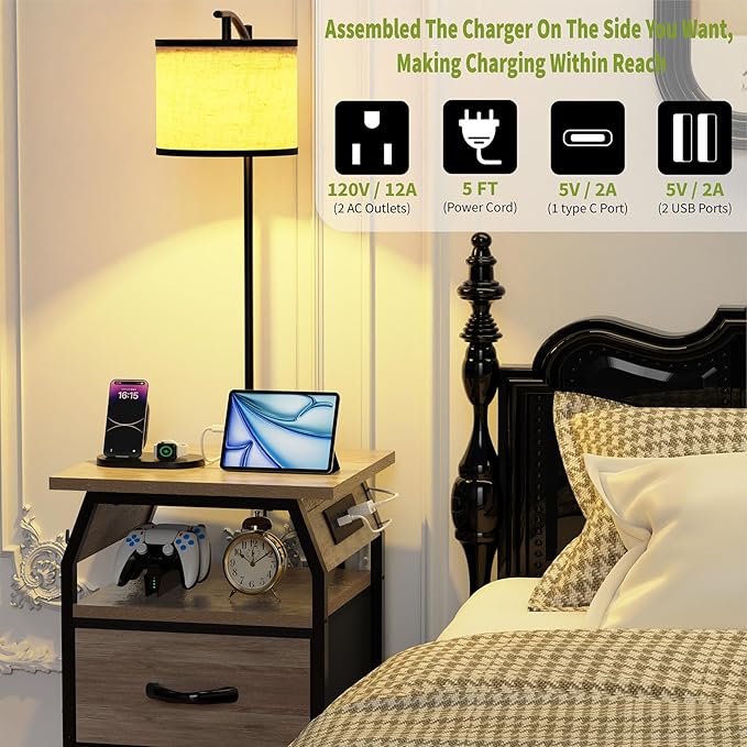 runjuly Floor Lamp with Table, End Tables with Lamps Attached 3-Color Temperature Bulb, Side Table with Lamp with 2 Drawers & Charging, Lamps Tables Combo for Bedroom, Dorm, Apartment - Greige
