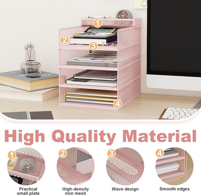 Natwind 4-Tier Stackable Metal Mesh Letter Paper Tray Organizer,Pink | Desk Organizer For Paper,Document,Mail Tray For Office Supplies,File Holder For Home Office School Classroom Organization